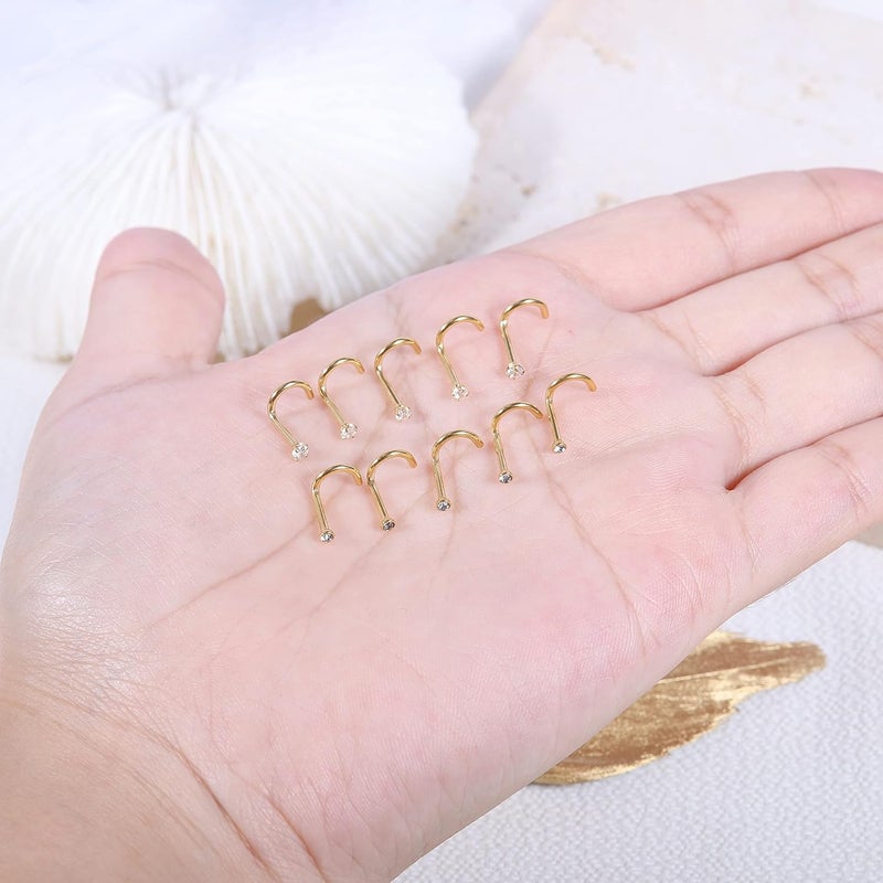 AccGin Store 6-10Pcs 18G 20G Nose Ring Surgical Steel Nose Rings Studs Piercing For Women Men 1.5mm 2mm 2.5mm 3mm Round Diamond CZ L Shaped Corkscrew Gold Black Silver Nose Piercing Hypoallergenic - Image 3